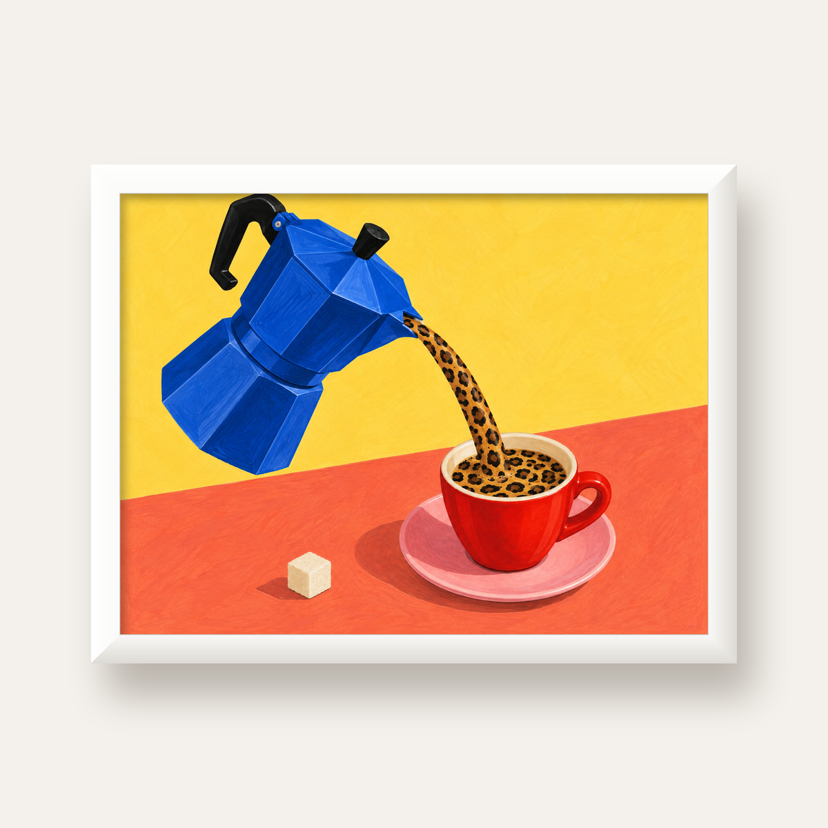 Leopar Desenli Kahve & Moka Pot Poster – Renkli Modern Duvar Sanatı — beyaz çerçeveli yatay poster