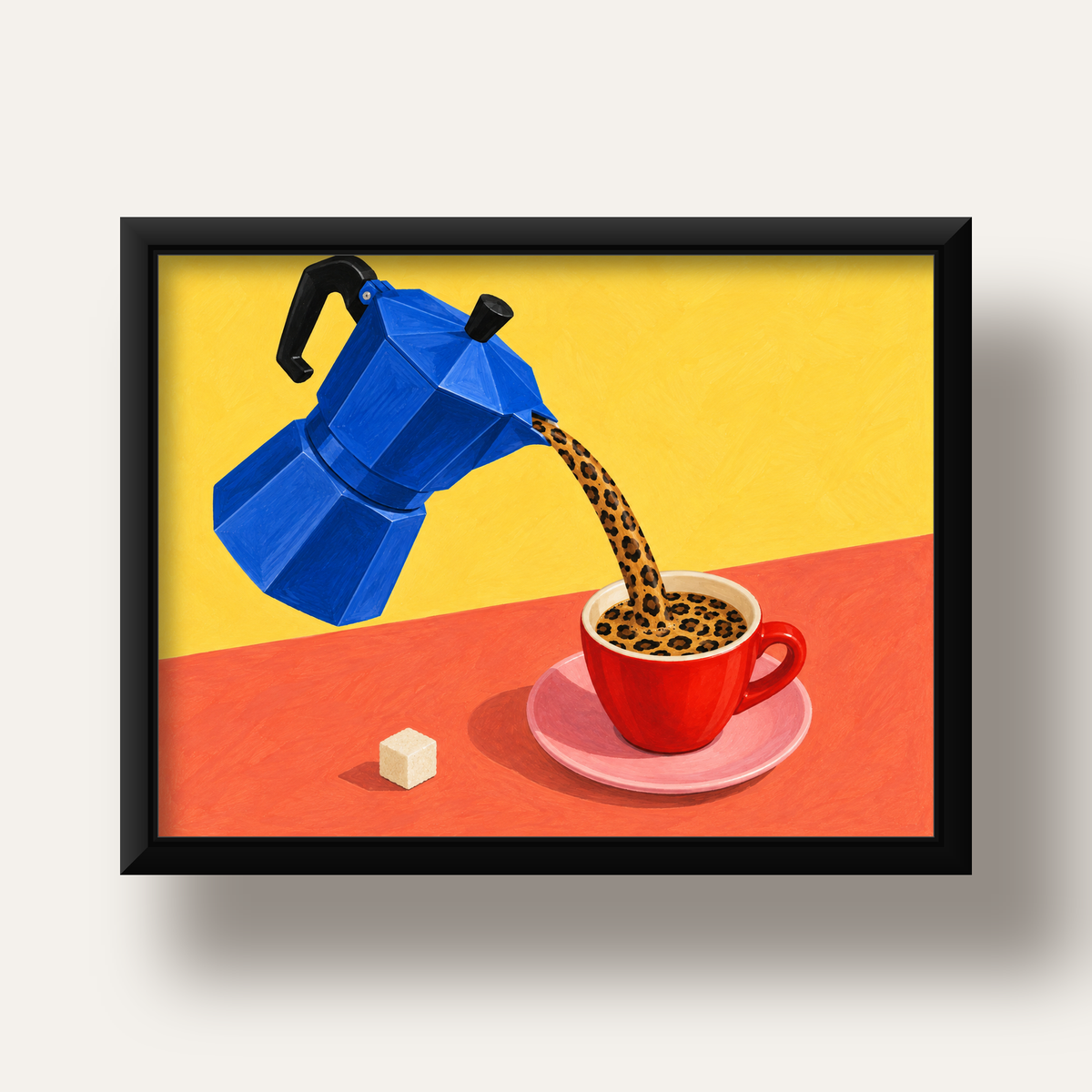Leopar Desenli Kahve & Moka Pot Poster – Renkli Modern Duvar Sanatı — siyah derin çerçeveli