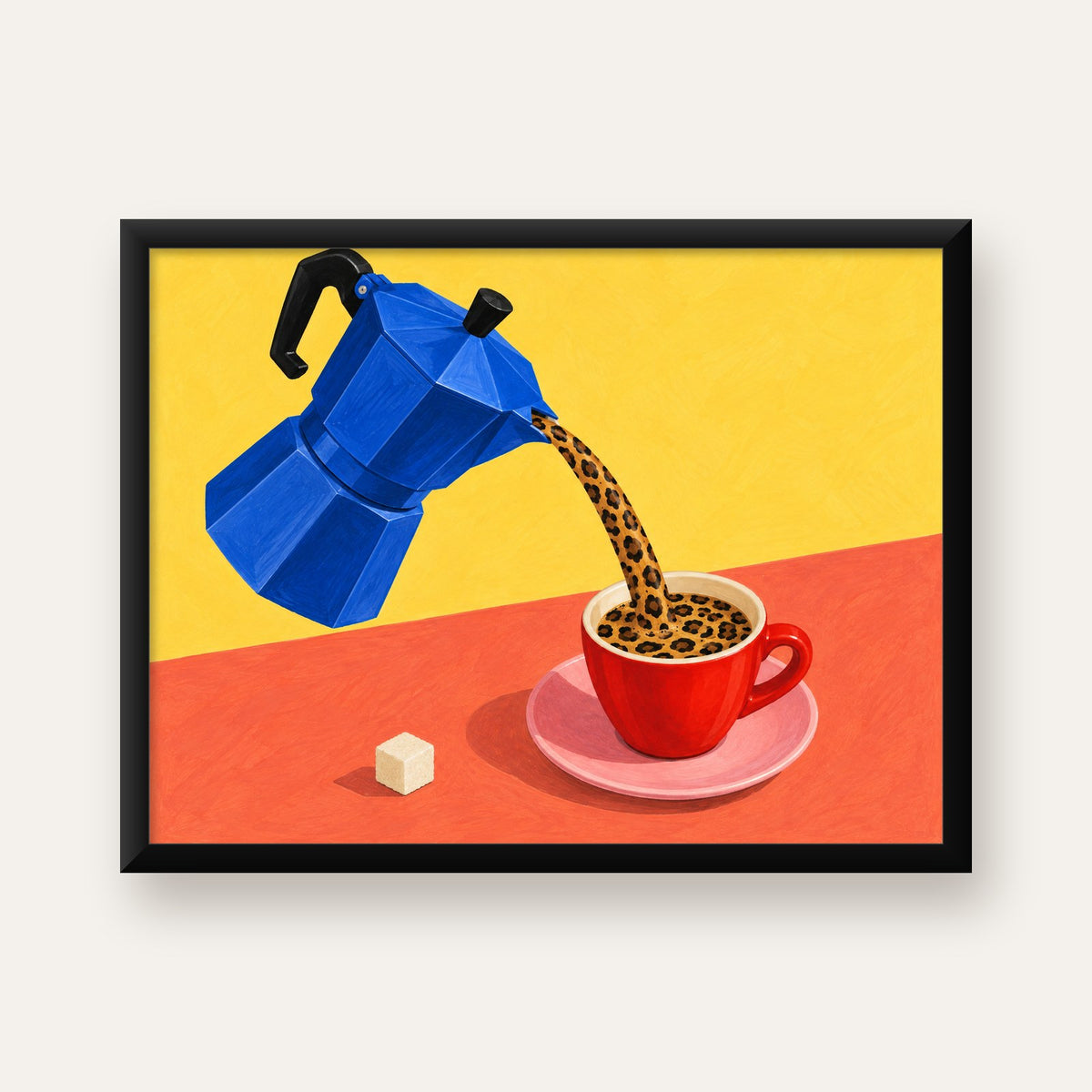 Leopar Desenli Kahve & Moka Pot Poster – Renkli Modern Duvar Sanatı — Yatay baskı, düz siyah çerçeveli duvar posteri