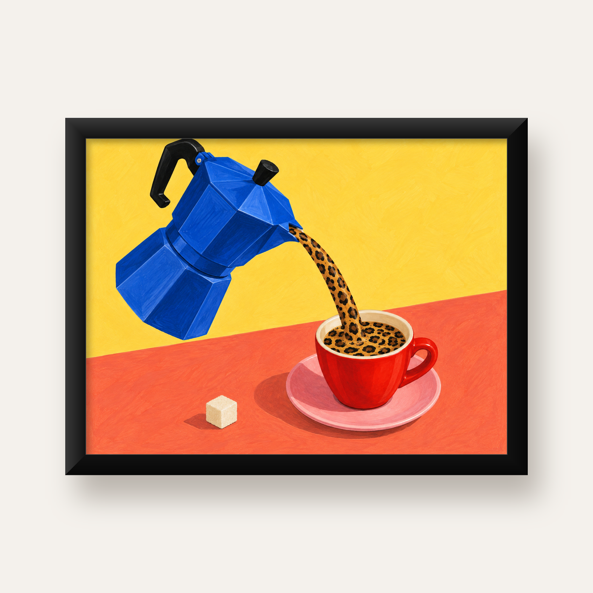 Leopar Desenli Kahve & Moka Pot Poster – Renkli Modern Duvar Sanatı — Yatay baskı, düz siyah çerçeveli duvar posteri