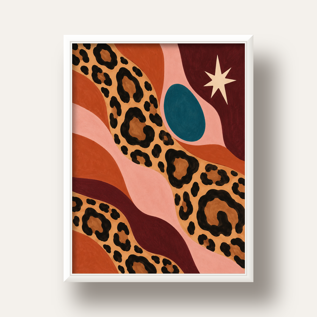 Modern Leopar Deseni ve Soyut Formlar Poster Baskısı — beyaz derin çerçeveli