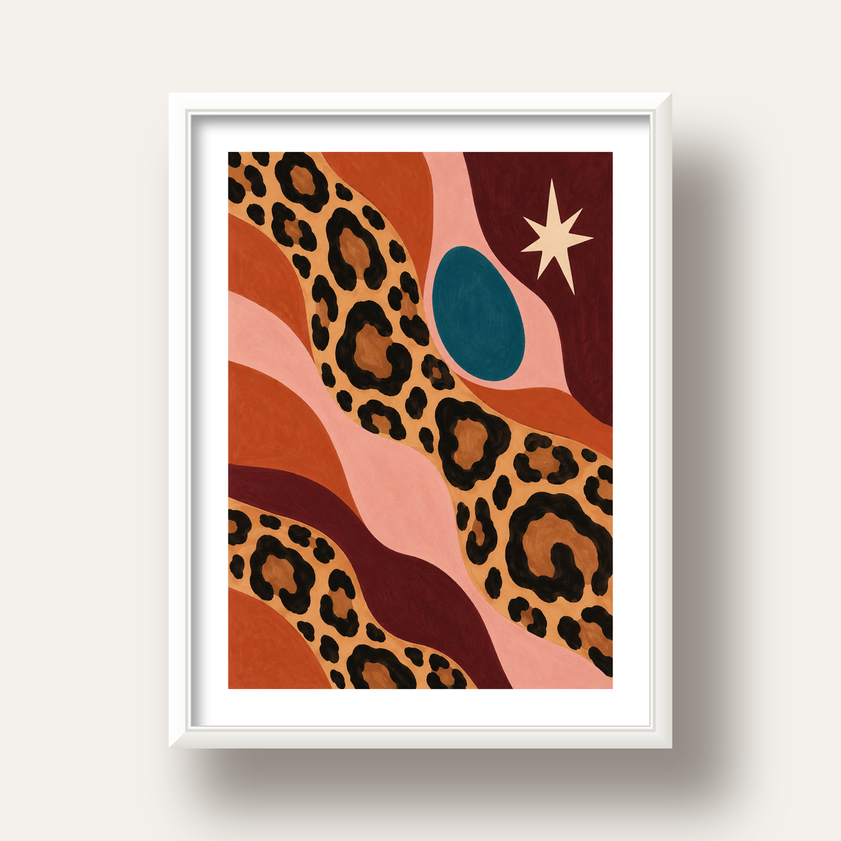 Modern Leopar Deseni ve Soyut Formlar Poster Baskısı — beyaz derin çerçeveli paspartulu