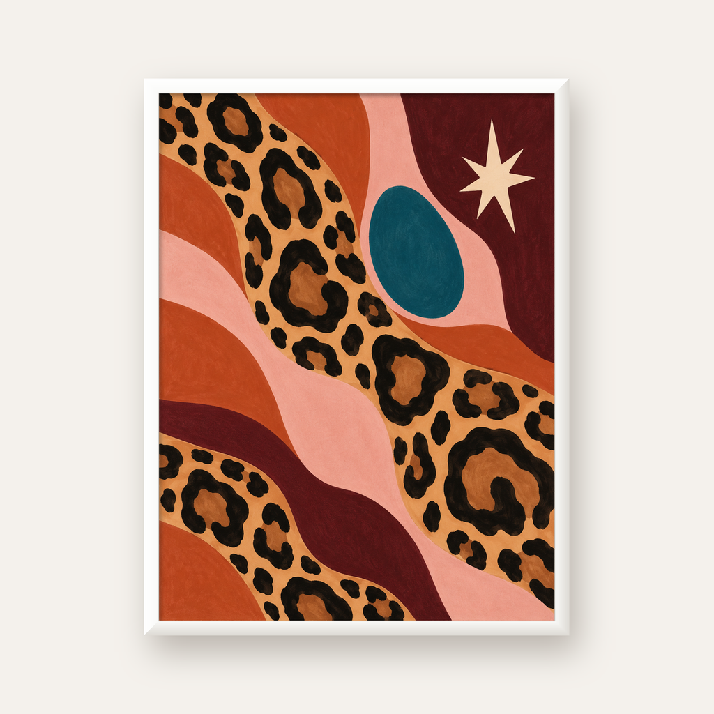 Modern Leopar Deseni ve Soyut Formlar Poster Baskısı — beyaz çerçeveli dikey poster