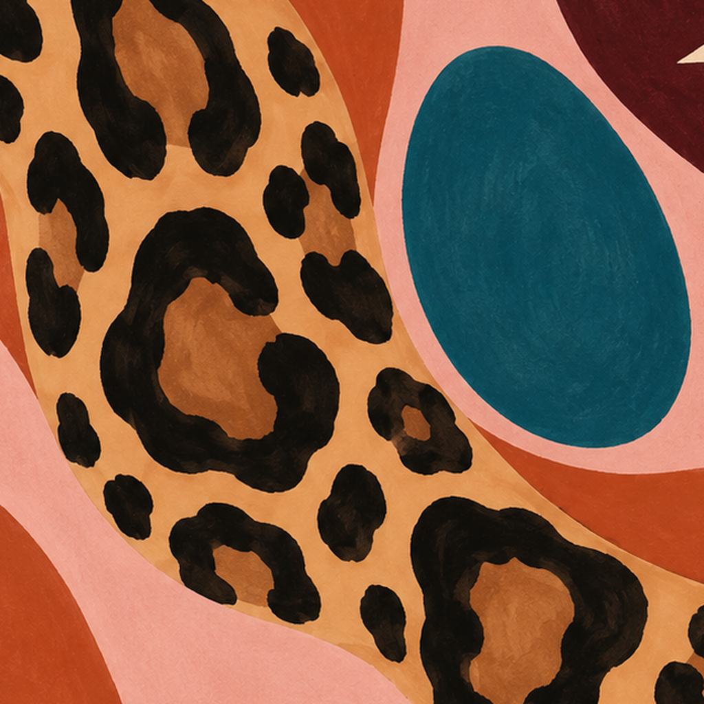 Modern Leopar Deseni ve Soyut Formlar Poster Baskısı — baskının yakın çekimi, kâğıt dokusu ve renk detayı