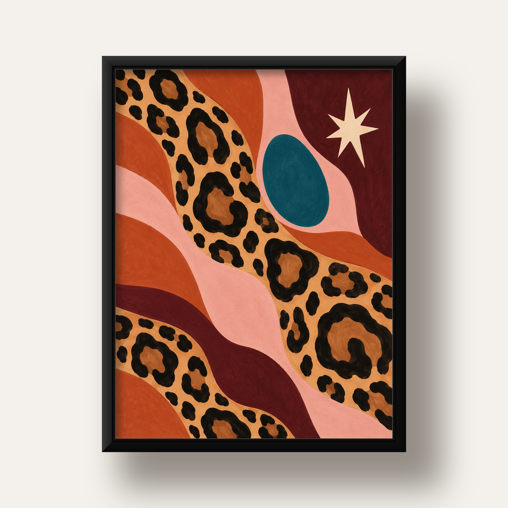 Modern Leopar Deseni ve Soyut Formlar Poster Baskısı — siyah derin çerçeveli