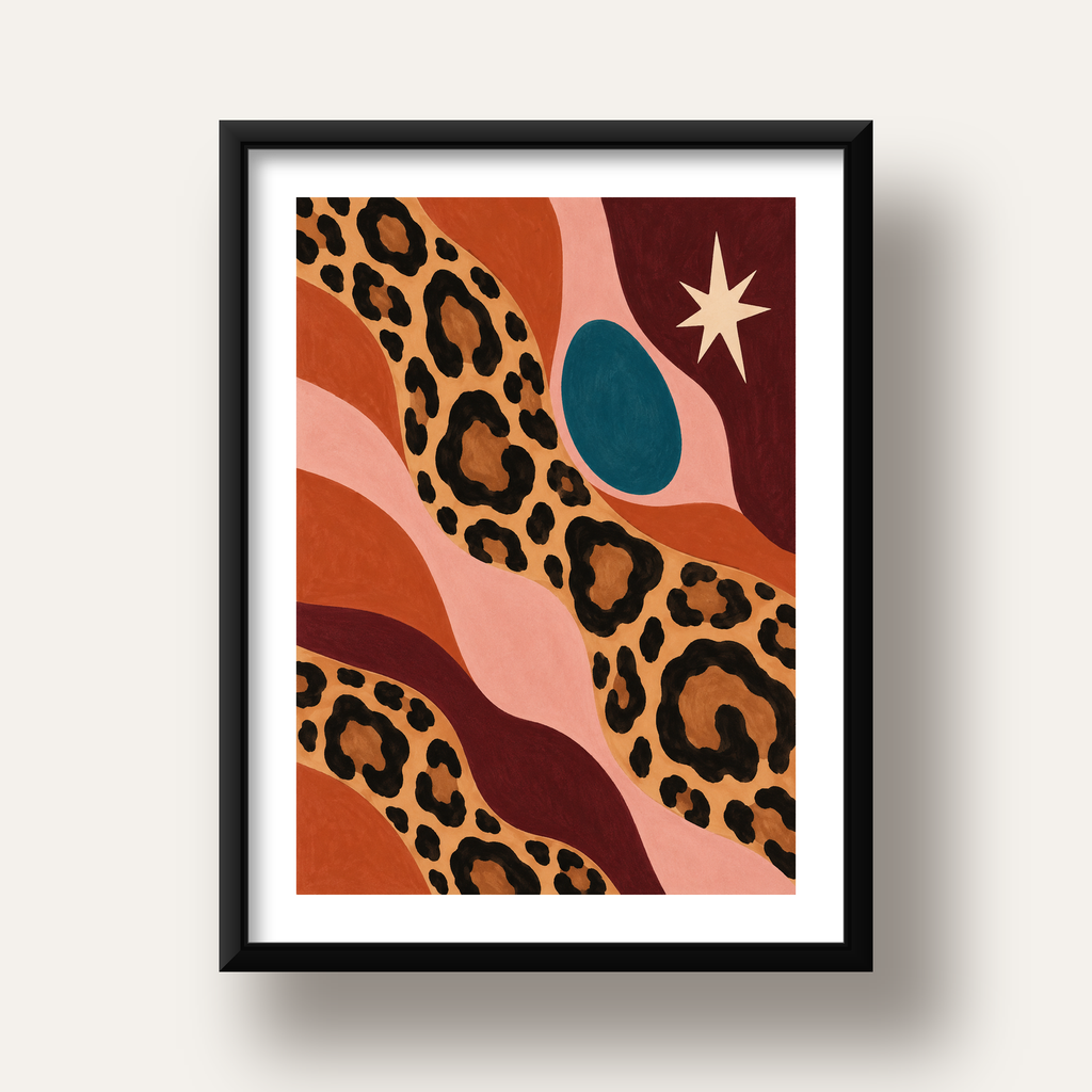 Modern Leopar Deseni ve Soyut Formlar Poster Baskısı — siyah derin çerçeveli paspartulu