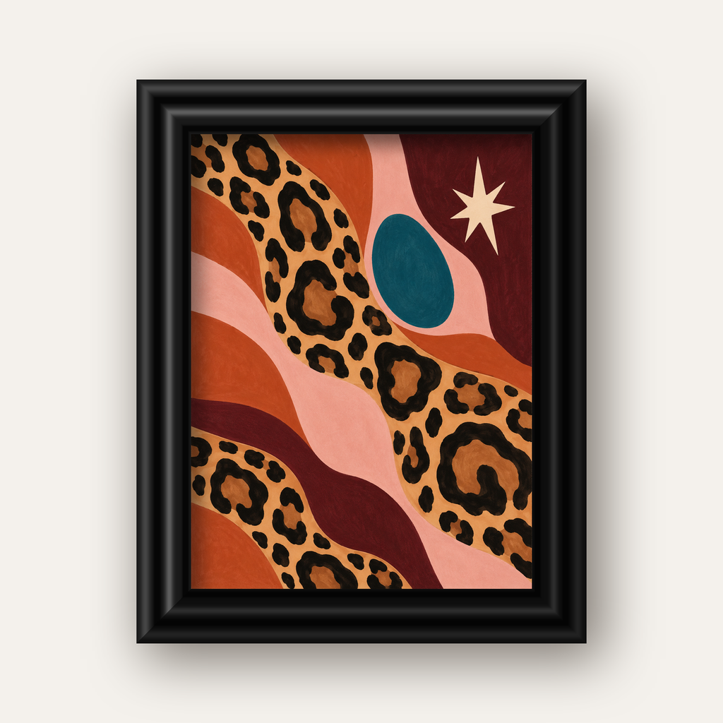 Modern Leopar Deseni ve Soyut Formlar Poster Baskısı — siyah galeri çerçeveli