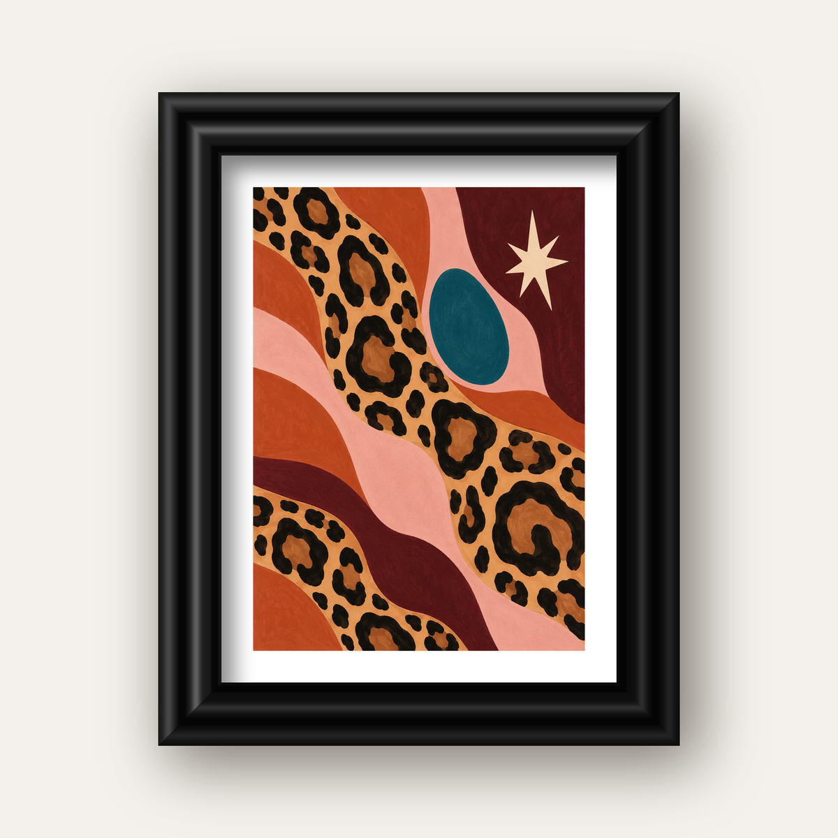Modern Leopar Deseni ve Soyut Formlar Poster Baskısı — siyah galeri çerçeveli paspartulu