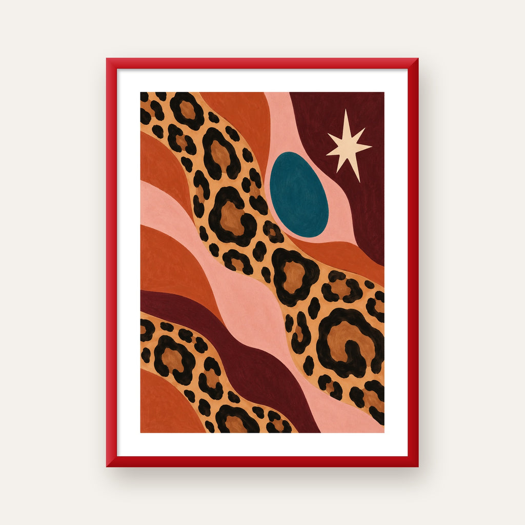 Modern Leopar Deseni ve Soyut Formlar Poster Baskısı — kırmızı çerçeveli paspartulu