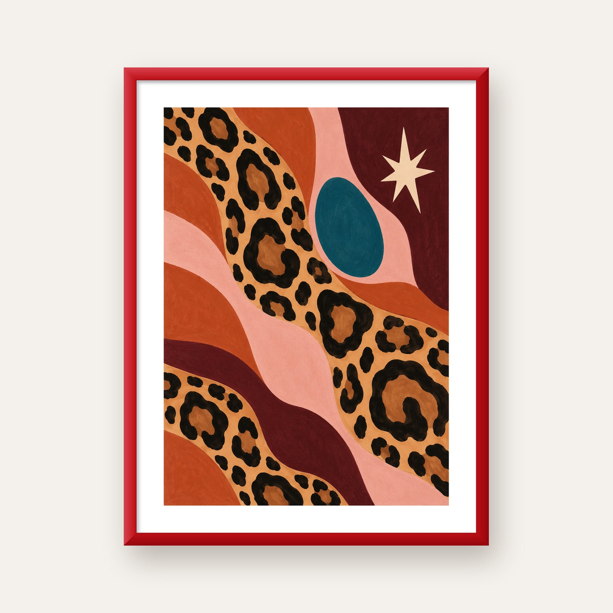 Modern Leopar Deseni ve Soyut Formlar Poster Baskısı — kırmızı çerçeveli paspartulu