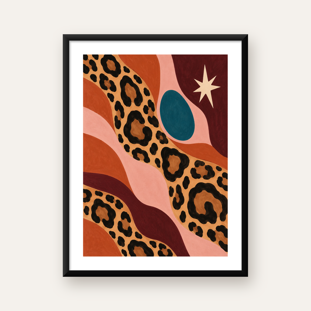 Modern Leopar Deseni ve Soyut Formlar Poster Baskısı — Dikey baskı, beyaz paspartulu
