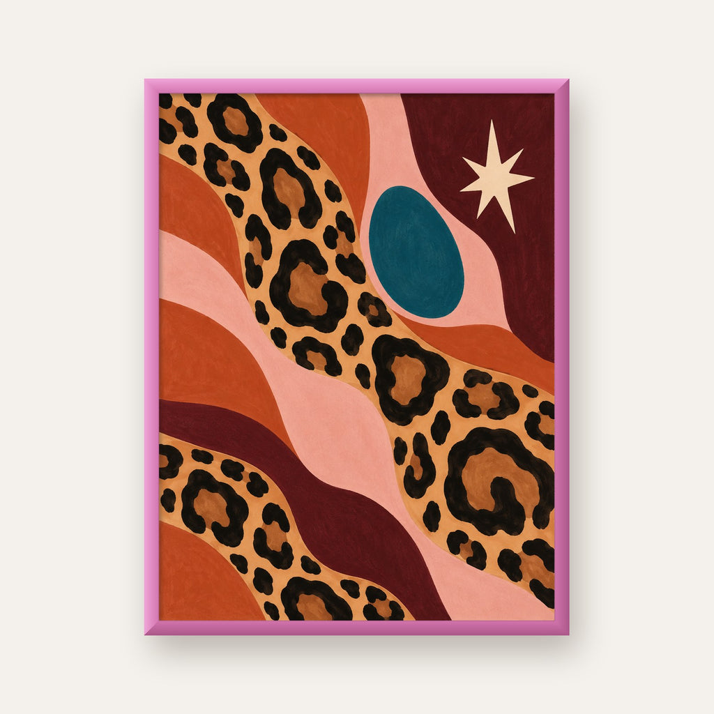 Modern Leopar Deseni ve Soyut Formlar Poster Baskısı — pembe çerçeveli