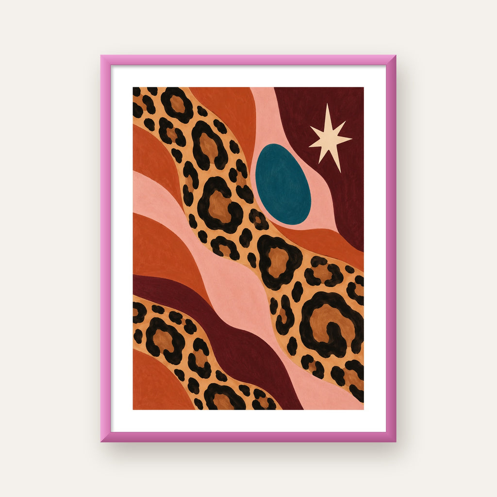 Modern Leopar Deseni ve Soyut Formlar Poster Baskısı — pembe çerçeveli paspartulu