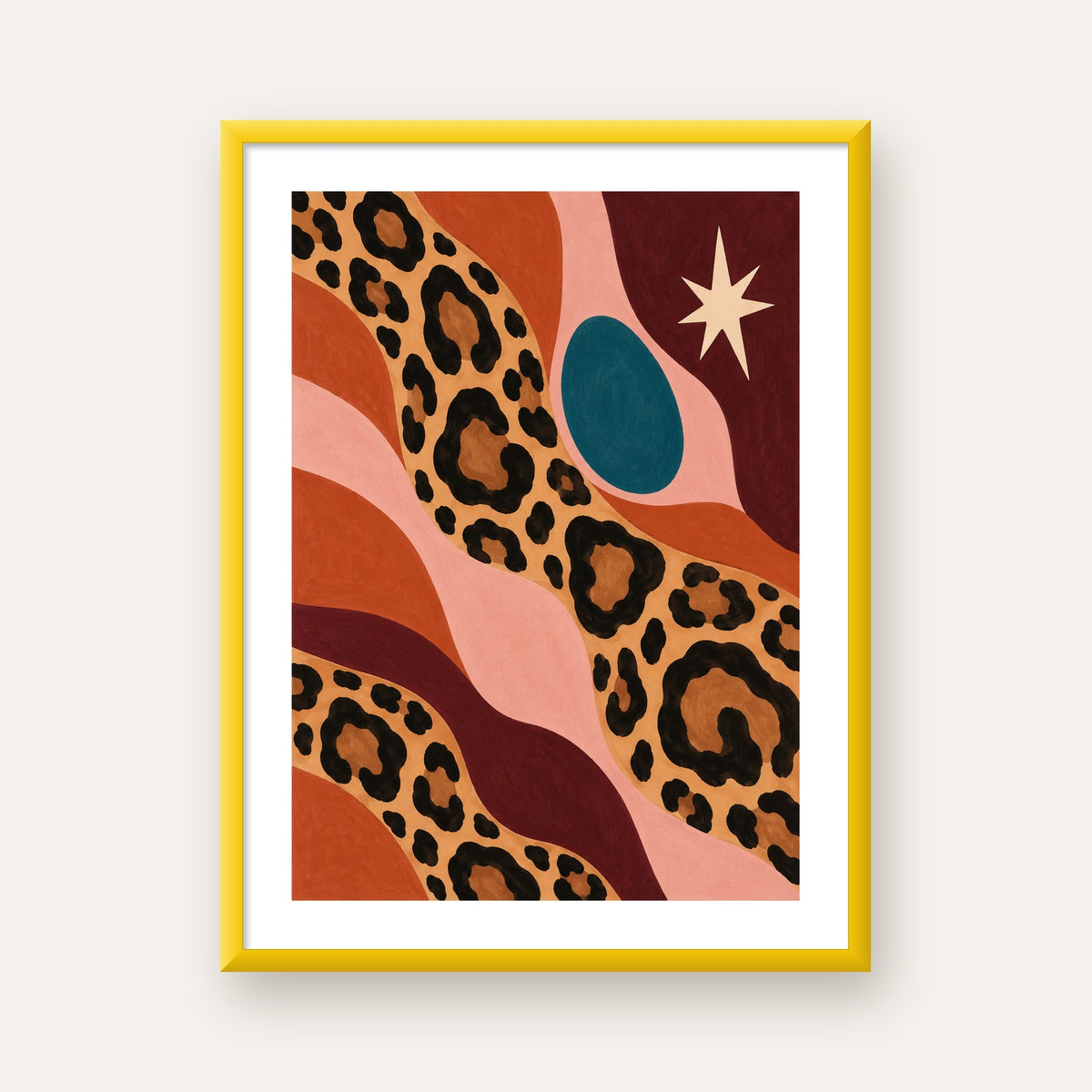 Modern Leopar Deseni ve Soyut Formlar Poster Baskısı — sarı çerçeveli paspartulu