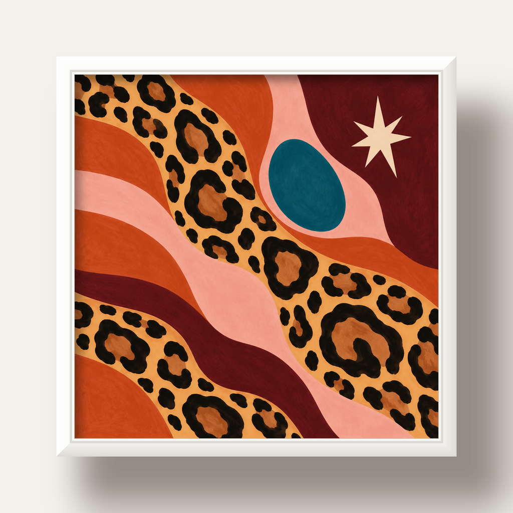 Modern Leopar Deseni ve Soyut Formlar Poster Baskısı — beyaz derin çerçeveli
