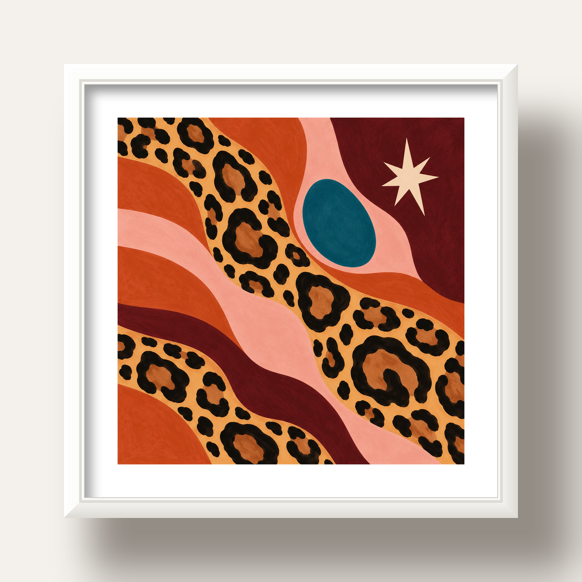 Modern Leopar Deseni ve Soyut Formlar Poster Baskısı — beyaz derin çerçeveli paspartulu