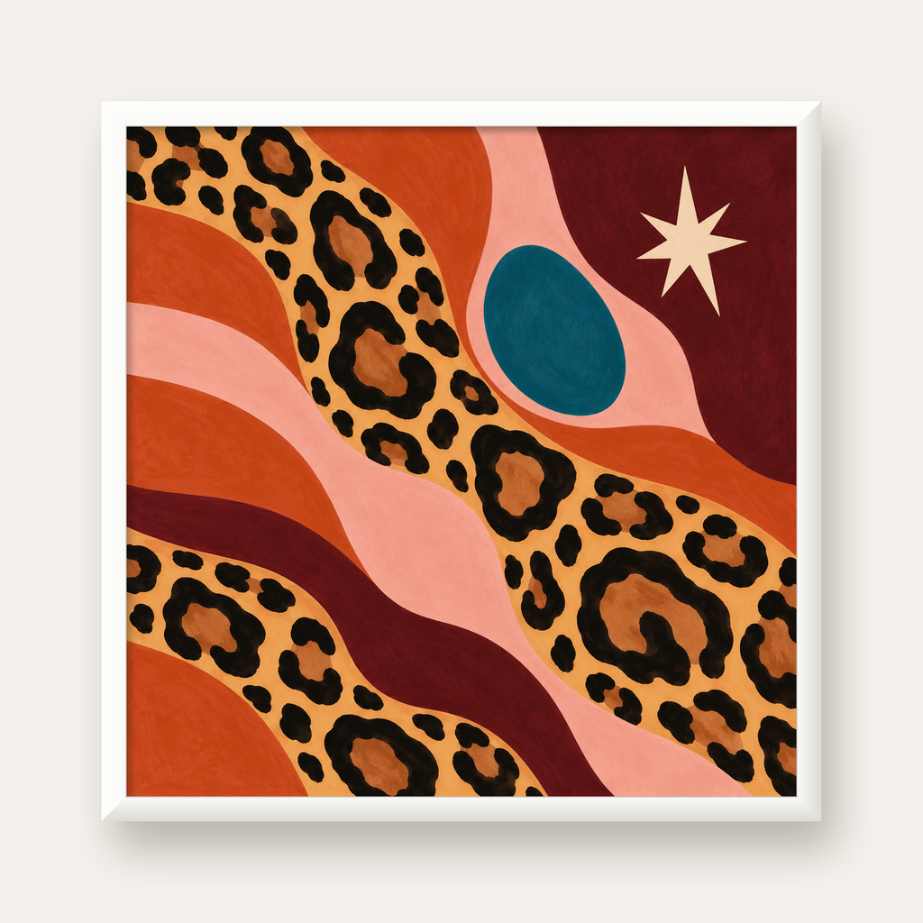 Modern Leopar Deseni ve Soyut Formlar Poster Baskısı — beyaz çerçeveli kare poster
