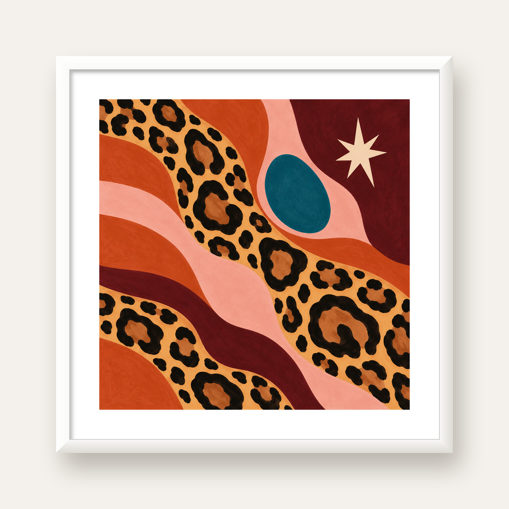 Modern Leopar Deseni ve Soyut Formlar Poster Baskısı — beyaz çerçeveli kare poster