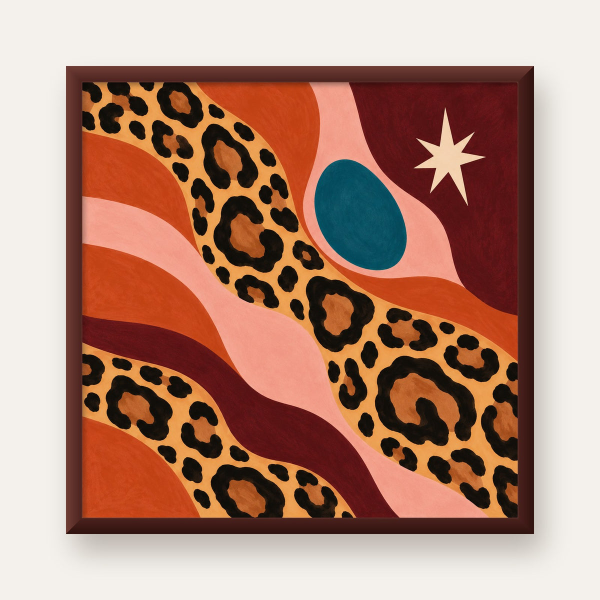 Modern Leopar Deseni ve Soyut Formlar Poster Baskısı — ceviz çerçeveli