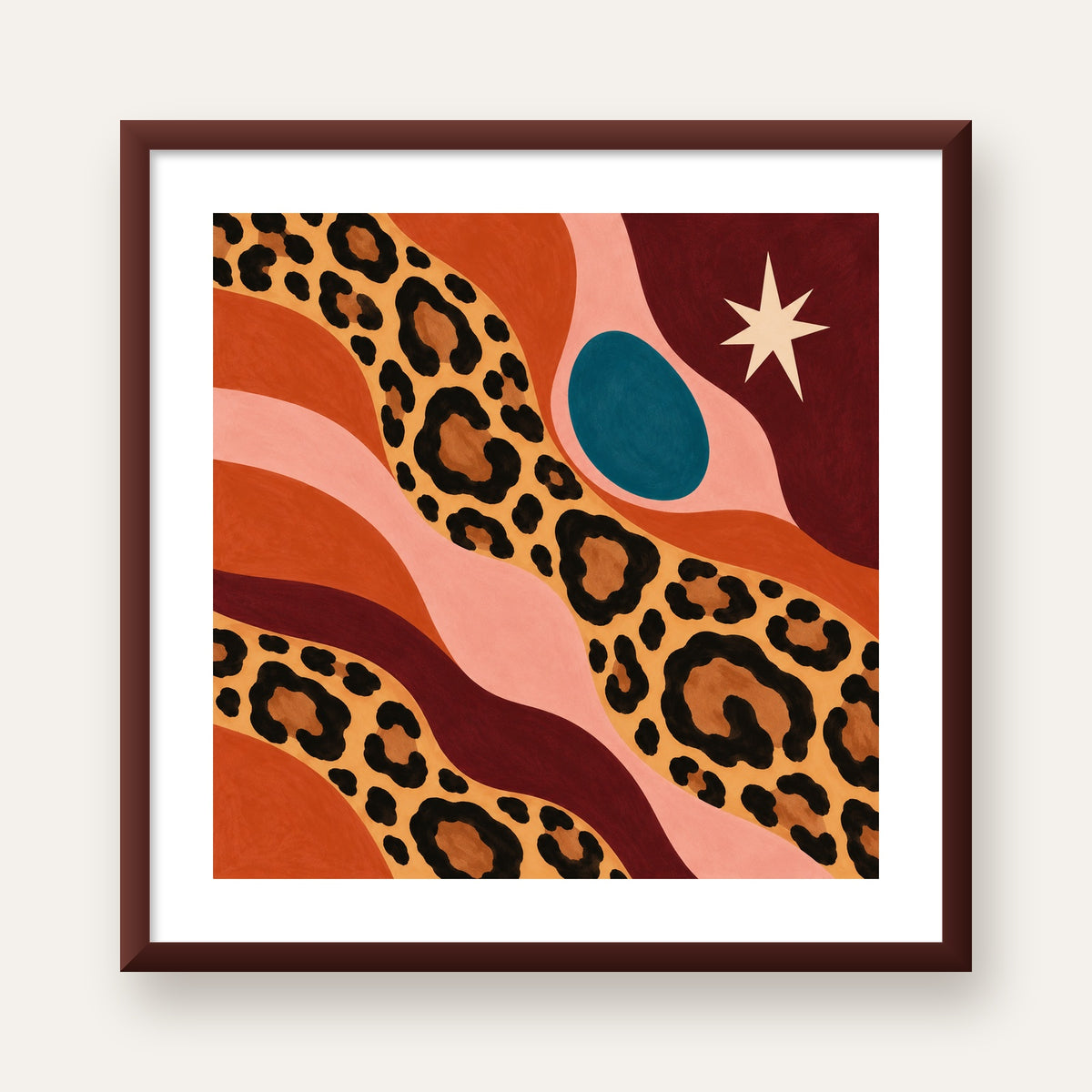 Modern Leopar Deseni ve Soyut Formlar Poster Baskısı — ceviz çerçeveli paspartulu