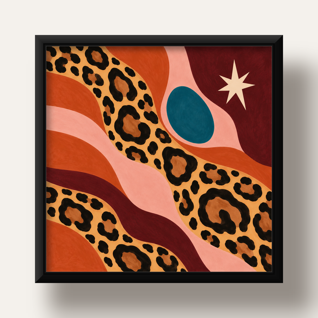 Modern Leopar Deseni ve Soyut Formlar Poster Baskısı — siyah derin çerçeveli