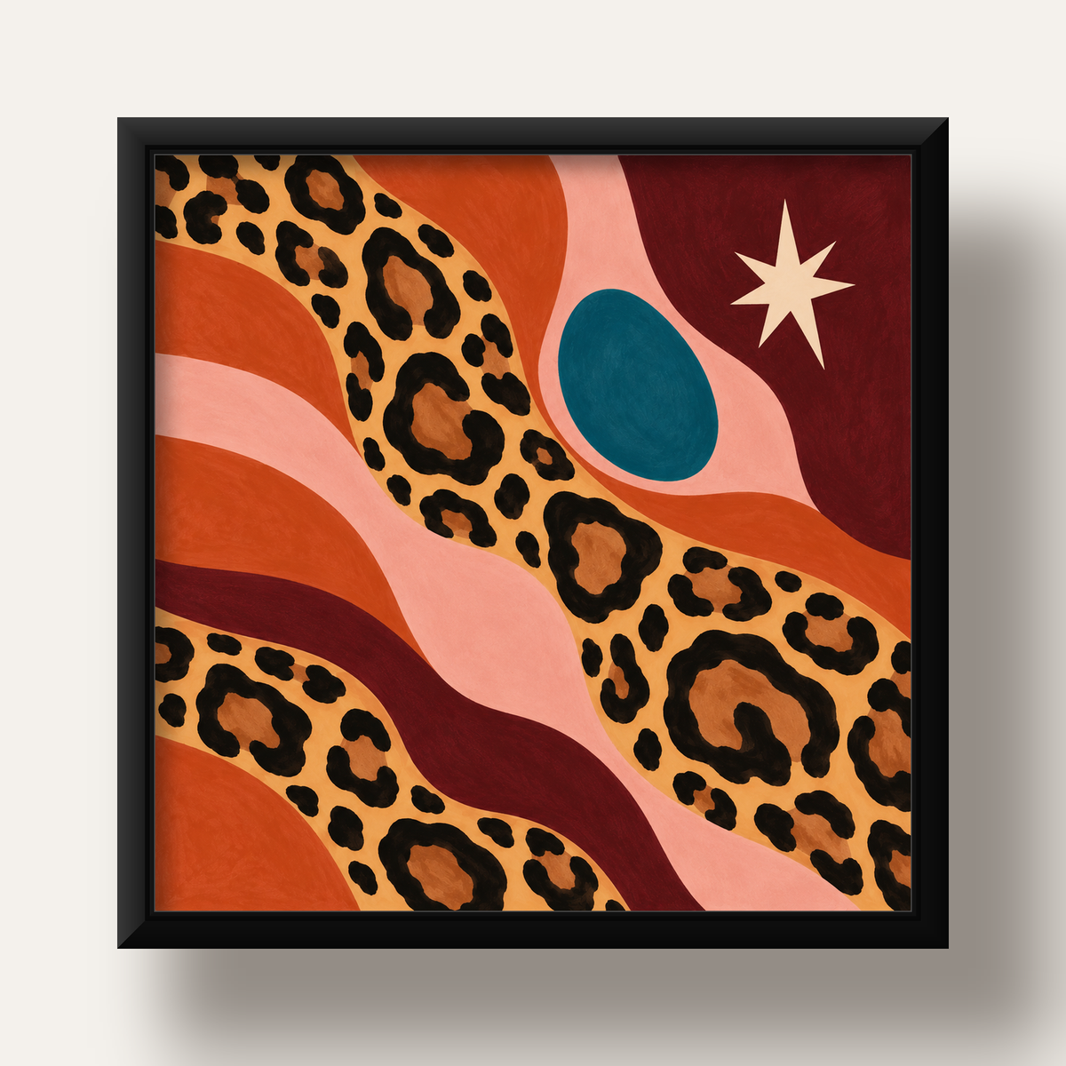 Modern Leopar Deseni ve Soyut Formlar Poster Baskısı — siyah derin çerçeveli