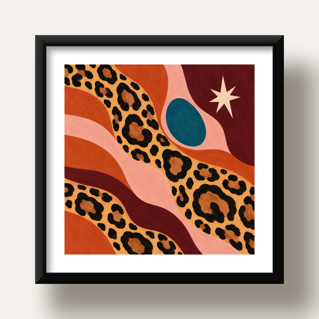 Modern Leopar Deseni ve Soyut Formlar Poster Baskısı — siyah derin çerçeveli paspartulu