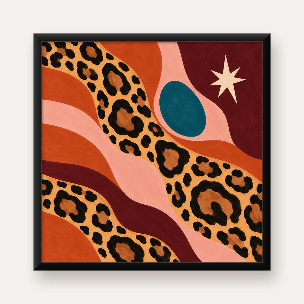 Modern Leopar Deseni ve Soyut Formlar Poster Baskısı — Kare baskı, düz siyah çerçeveli duvar posteri