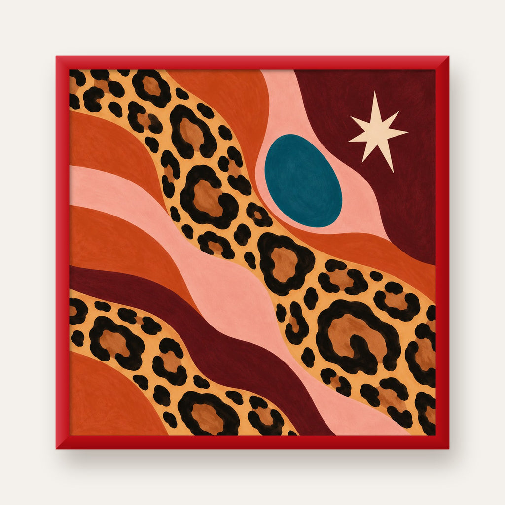 Modern Leopar Deseni ve Soyut Formlar Poster Baskısı — kırmızı çerçeveli