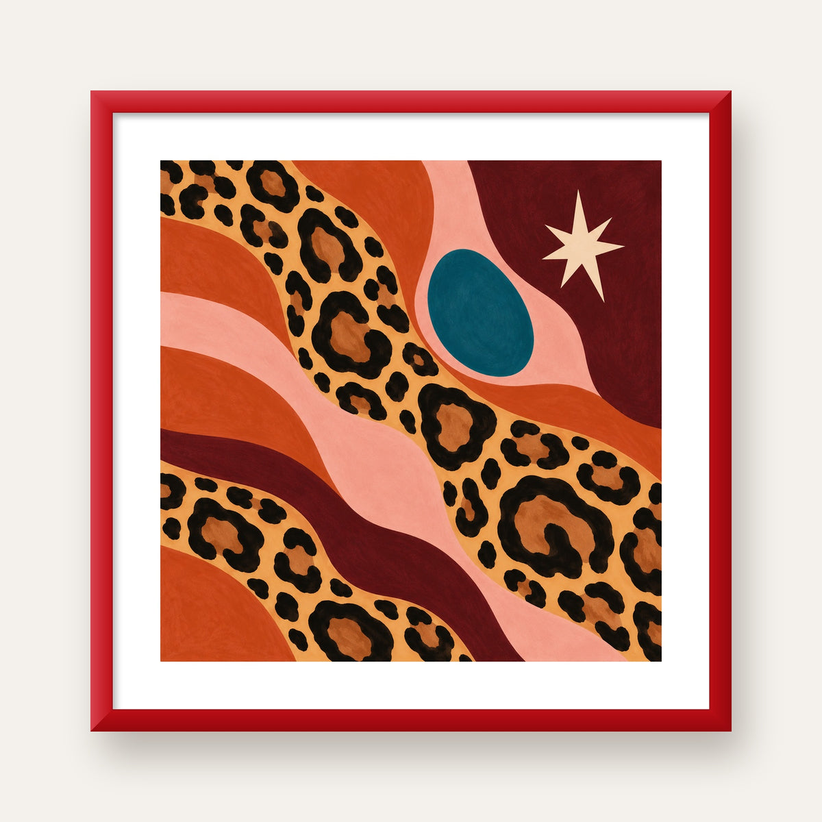 Modern Leopar Deseni ve Soyut Formlar Poster Baskısı — kırmızı çerçeveli paspartulu