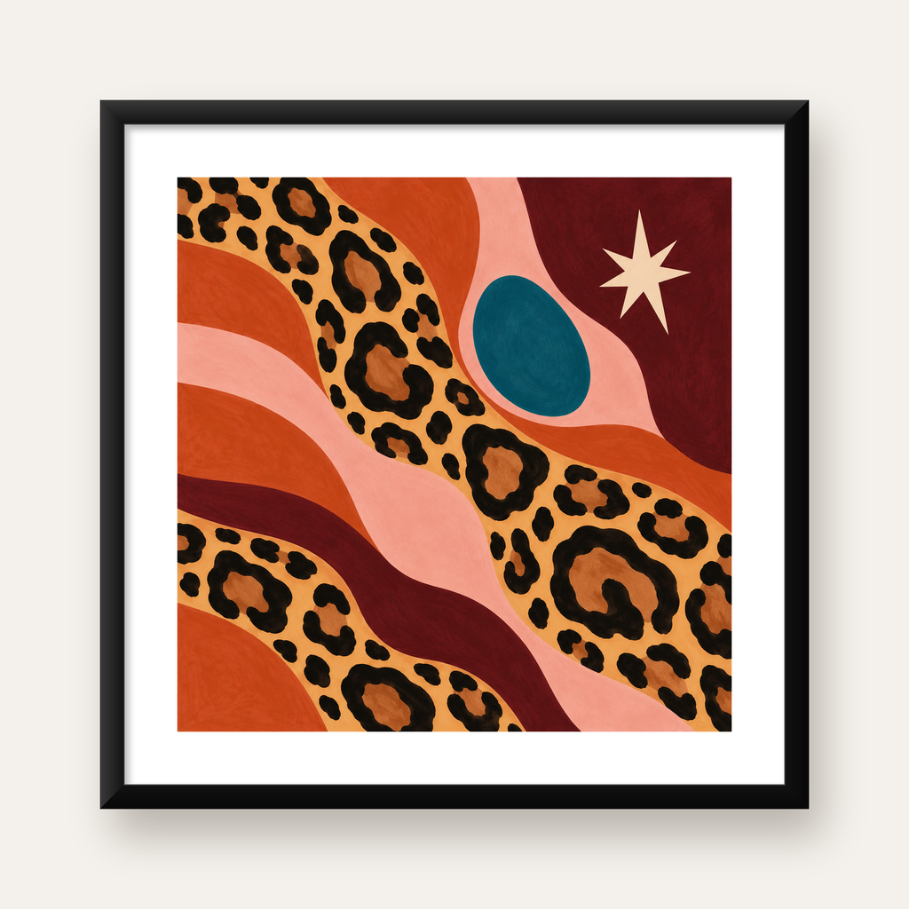 Modern Leopar Deseni ve Soyut Formlar Poster Baskısı — Kare baskı, beyaz paspartulu