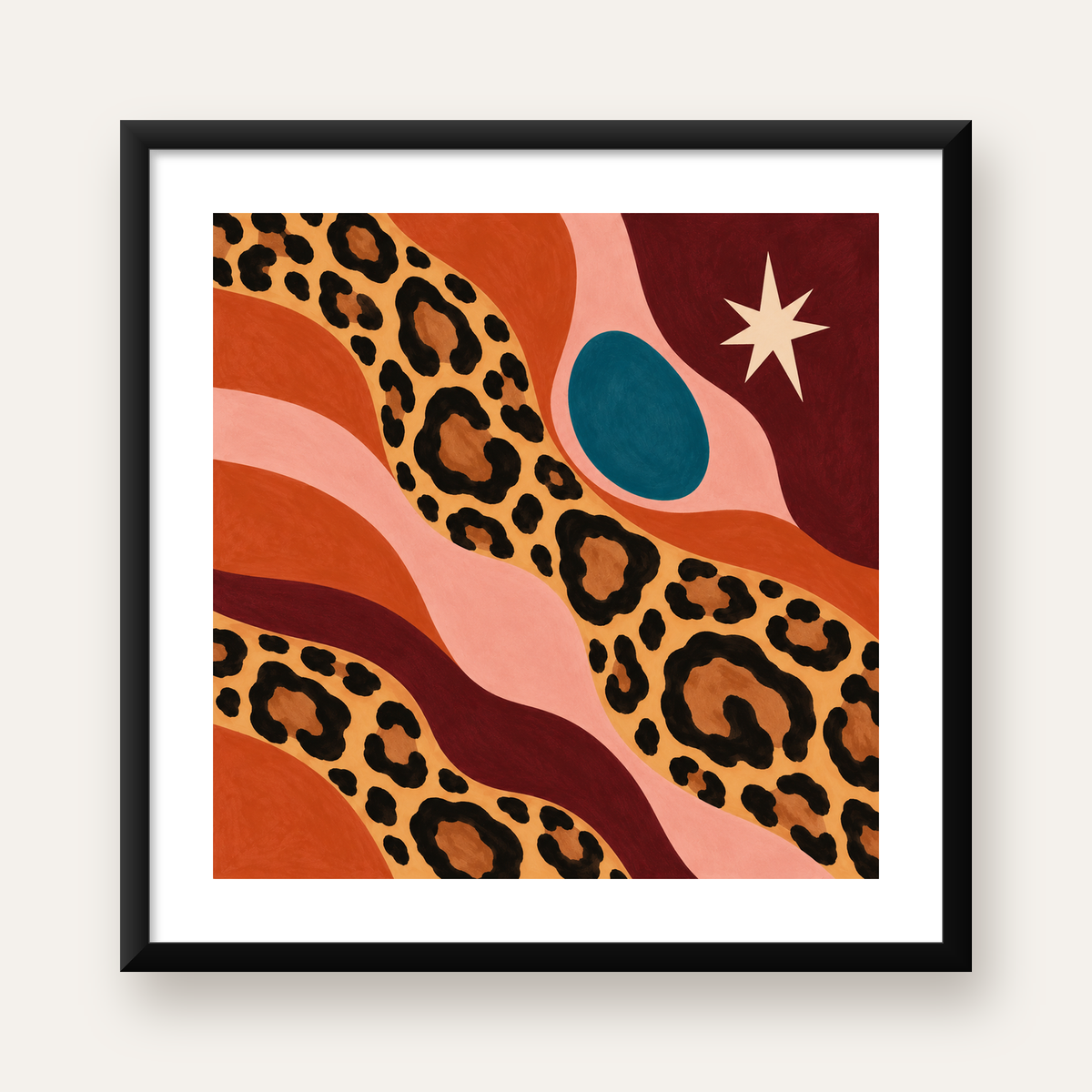 Modern Leopar Deseni ve Soyut Formlar Poster Baskısı — Kare baskı, beyaz paspartulu