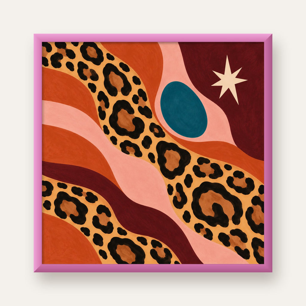 Modern Leopar Deseni ve Soyut Formlar Poster Baskısı — pembe çerçeveli