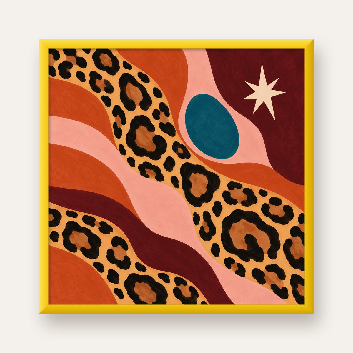 Modern Leopar Deseni ve Soyut Formlar Poster Baskısı — sarı çerçeveli
