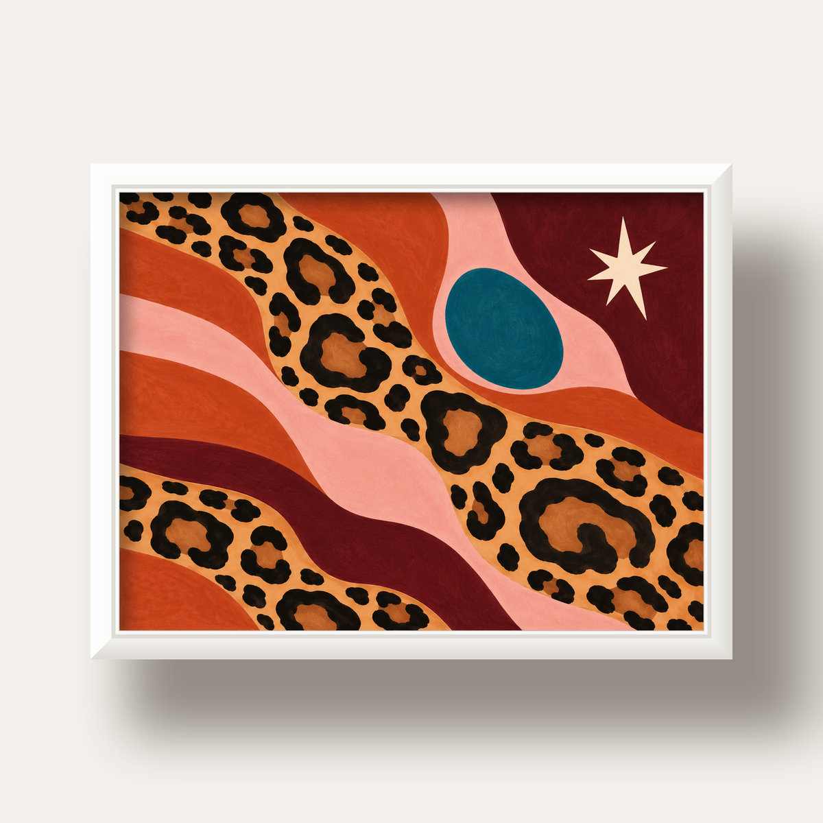 Modern Leopar Deseni ve Soyut Formlar Poster Baskısı — beyaz derin çerçeveli