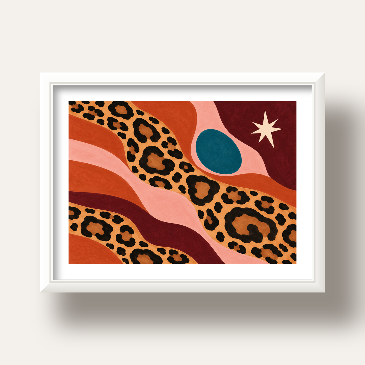 Modern Leopar Deseni ve Soyut Formlar Poster Baskısı — beyaz derin çerçeveli paspartulu