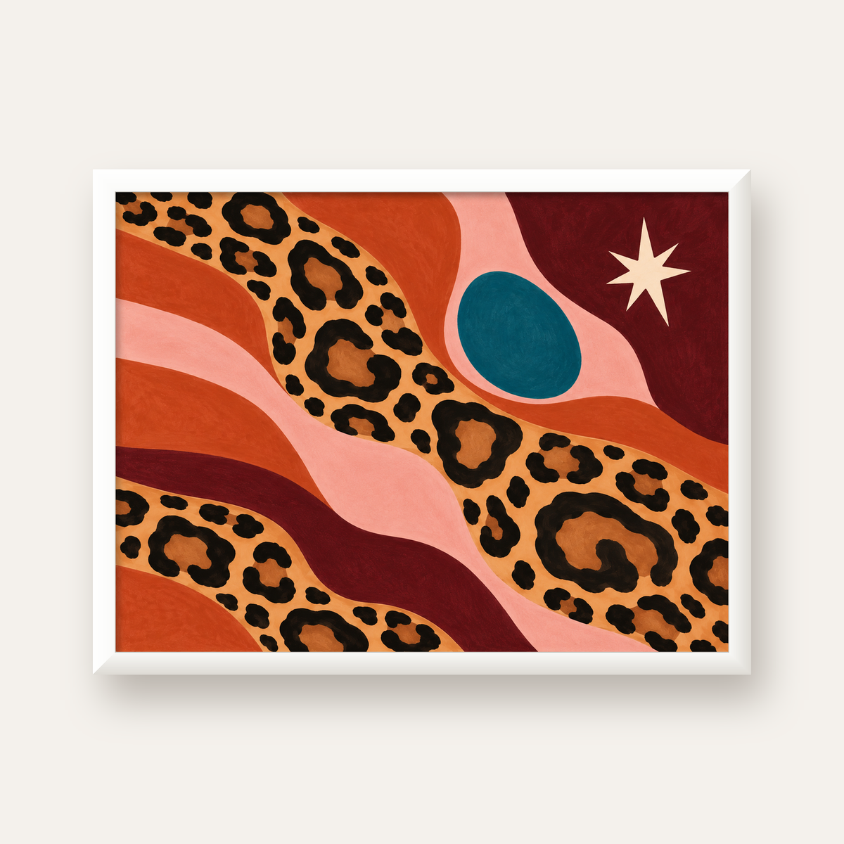 Modern Leopar Deseni ve Soyut Formlar Poster Baskısı — beyaz çerçeveli yatay poster