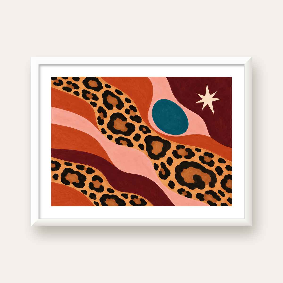 Modern Leopar Deseni ve Soyut Formlar Poster Baskısı — beyaz çerçeveli yatay poster