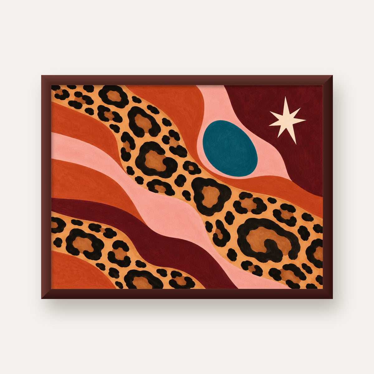 Modern Leopar Deseni ve Soyut Formlar Poster Baskısı — ceviz çerçeveli