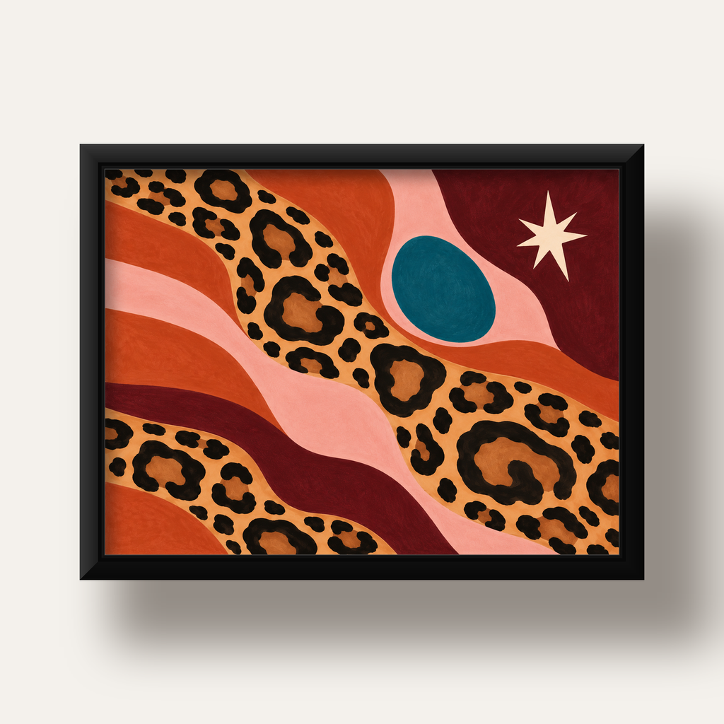 Modern Leopar Deseni ve Soyut Formlar Poster Baskısı — siyah derin çerçeveli