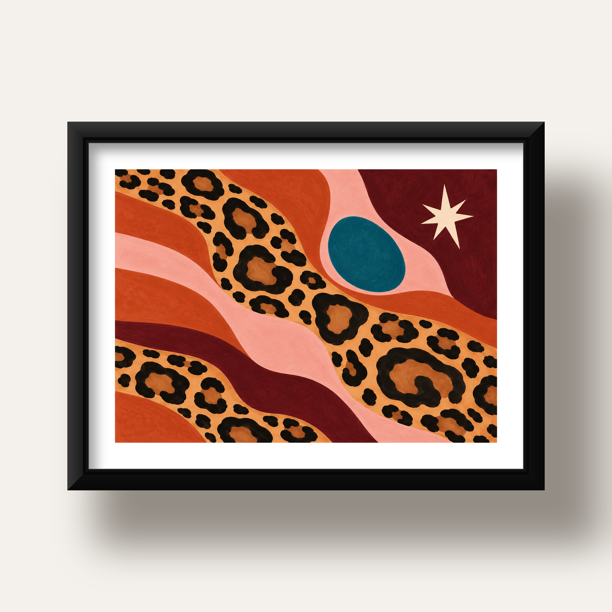 Modern Leopar Deseni ve Soyut Formlar Poster Baskısı — siyah derin çerçeveli paspartulu