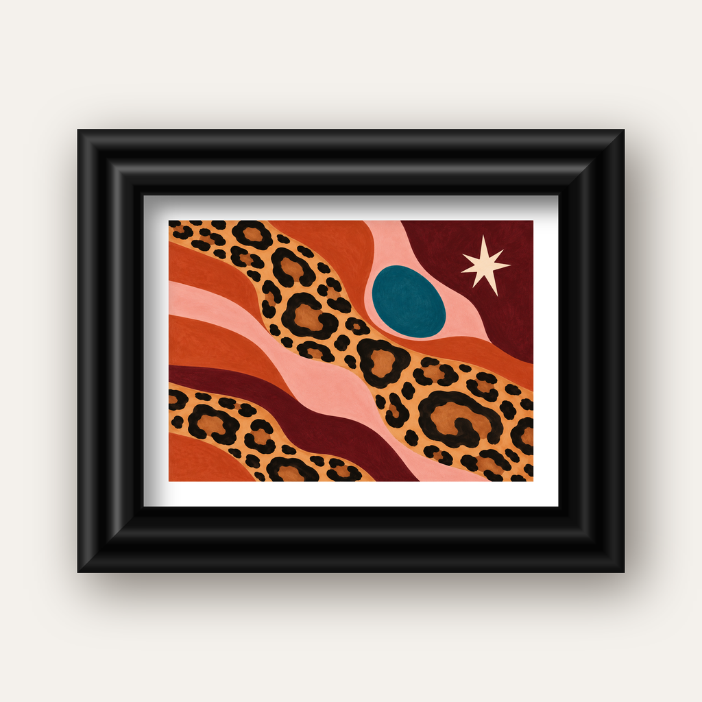 Modern Leopar Deseni ve Soyut Formlar Poster Baskısı — siyah galeri çerçeveli paspartulu