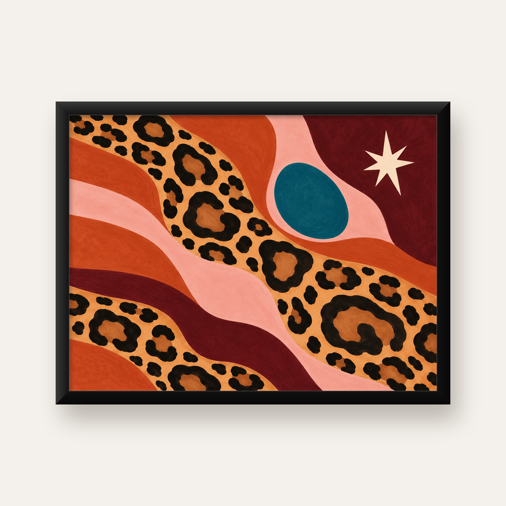 Modern Leopar Deseni ve Soyut Formlar Poster Baskısı — Yatay baskı, düz siyah çerçeveli duvar posteri