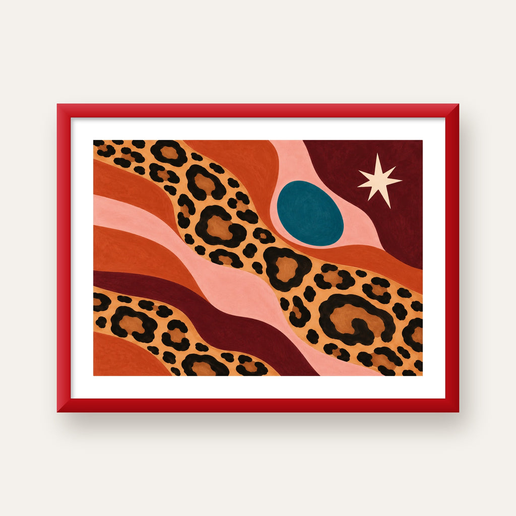 Modern Leopar Deseni ve Soyut Formlar Poster Baskısı — kırmızı çerçeveli paspartulu