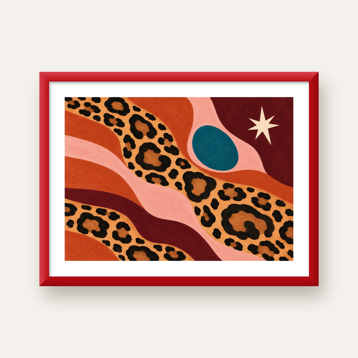 Modern Leopar Deseni ve Soyut Formlar Poster Baskısı — kırmızı çerçeveli paspartulu