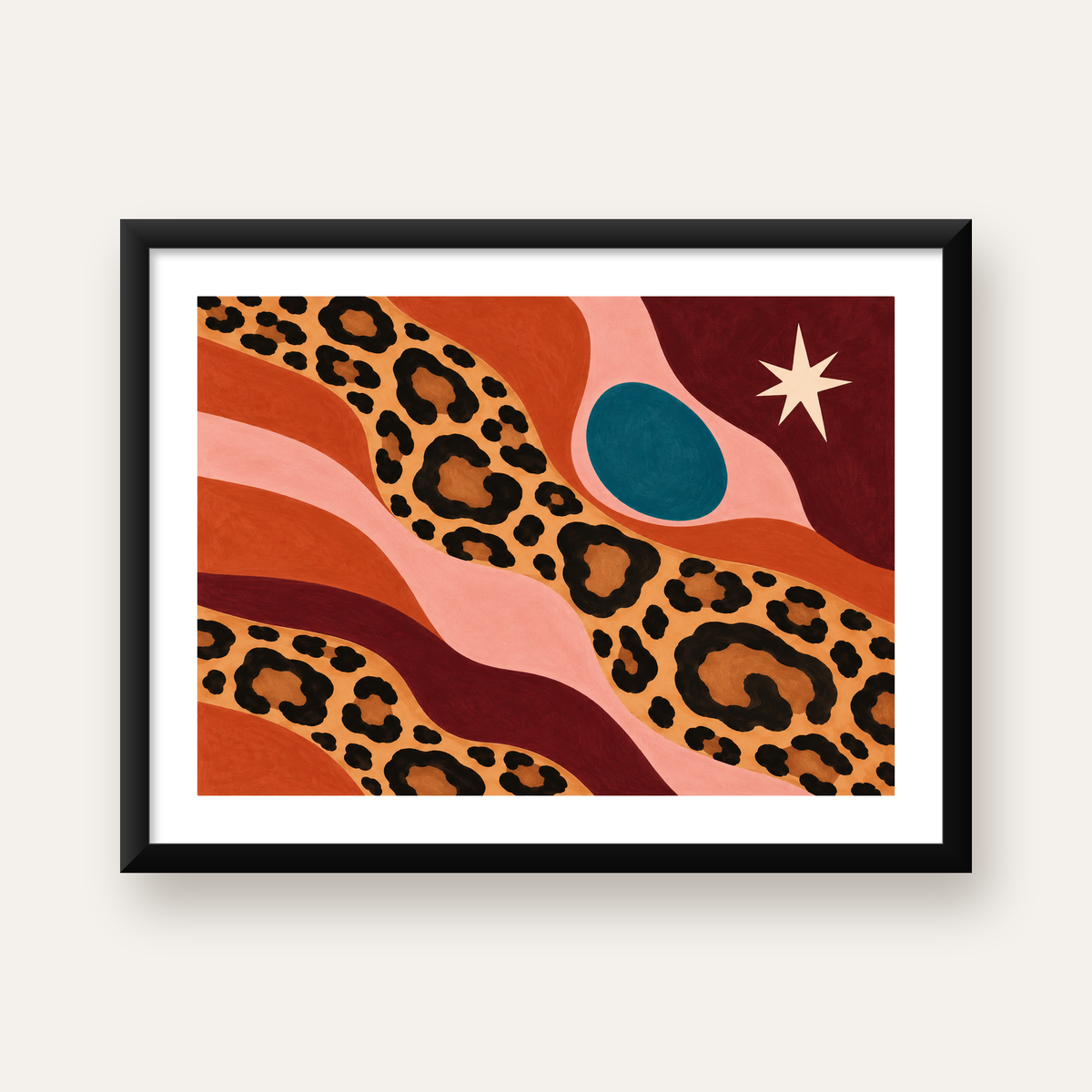 Modern Leopar Deseni ve Soyut Formlar Poster Baskısı — Yatay baskı, beyaz paspartulu
