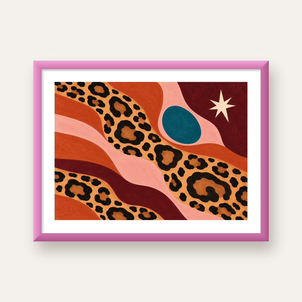 Modern Leopar Deseni ve Soyut Formlar Poster Baskısı — pembe çerçeveli paspartulu