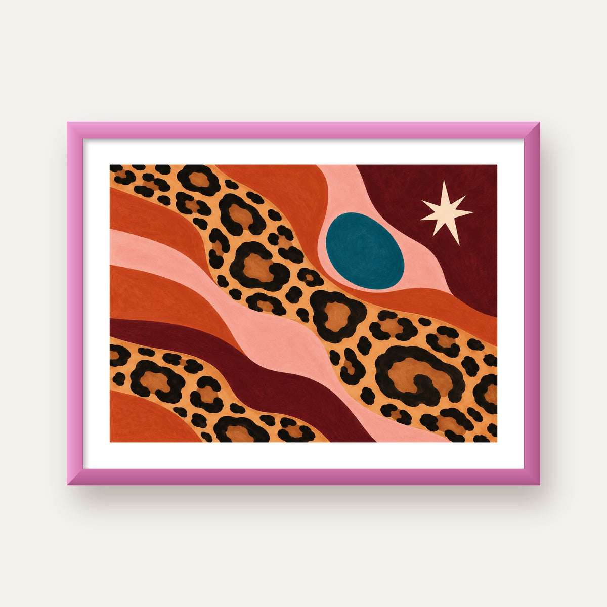 Modern Leopar Deseni ve Soyut Formlar Poster Baskısı — pembe çerçeveli paspartulu
