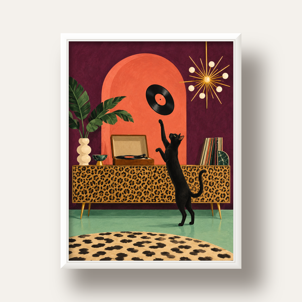 Retro Salonda Siyah Kedi – Dijital Poster, Modern Dekor — beyaz derin çerçeveli