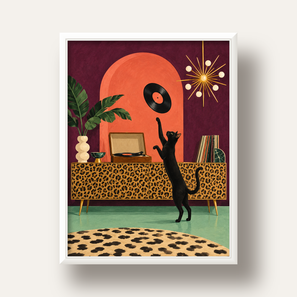 Retro Salonda Siyah Kedi – Dijital Poster, Modern Dekor — beyaz derin çerçeveli